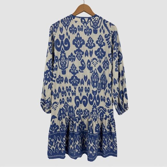Salty Lemon Boho Print Button Front Tunic Dress in Ivory/Blue | Small - Picture 2 of 7